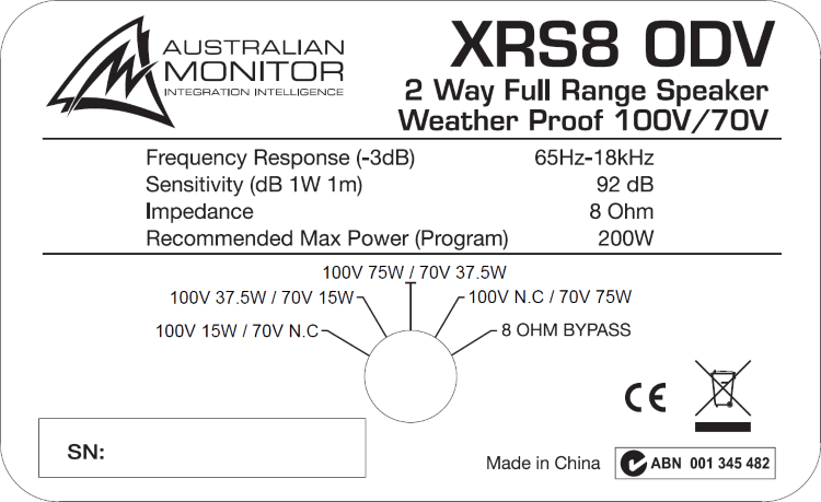 8" Weatherproof Passive Speaker - 100 Watt (XRS8ODV)